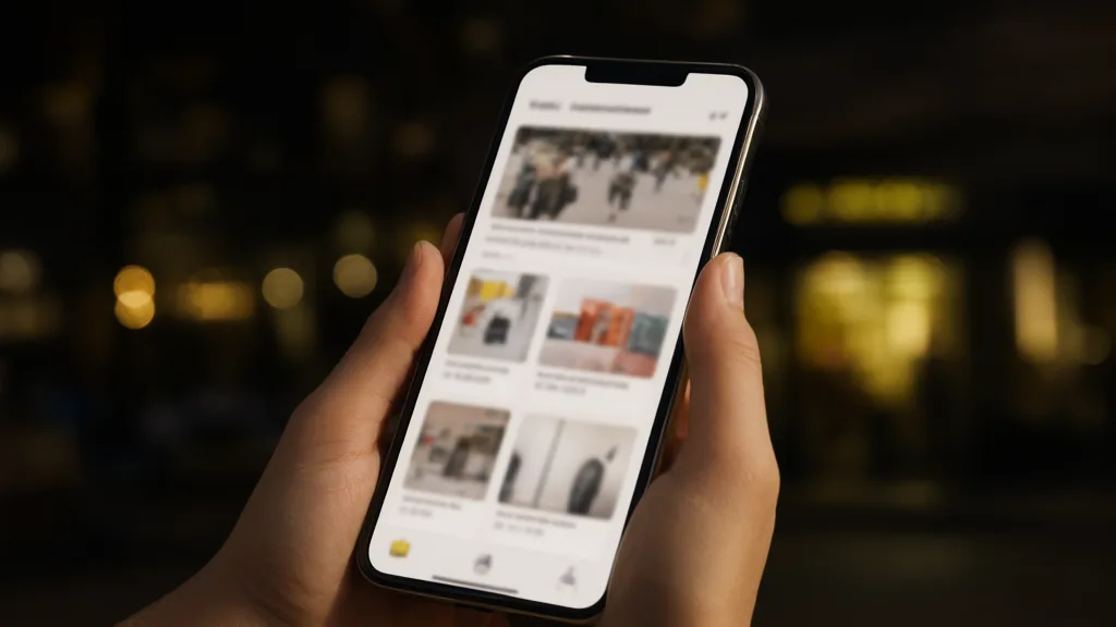 Smartphone affichant une vitrine produits Meta intercalée entre une publicité et un site e-commerce
