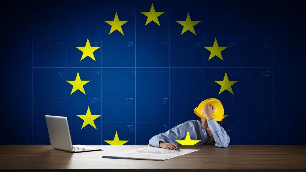 Calendrier europeen avec des echeances reglementaires et un symbole de marquage de contenu genere par IA